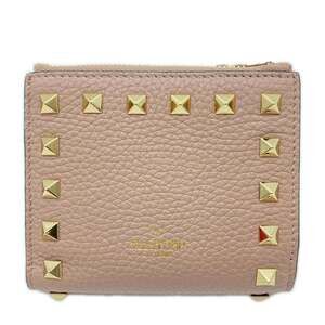 VALENTINO Grain Calfskin Rockstud Compact Wallet P0W06VSH Bi-fold Beige Calf ...